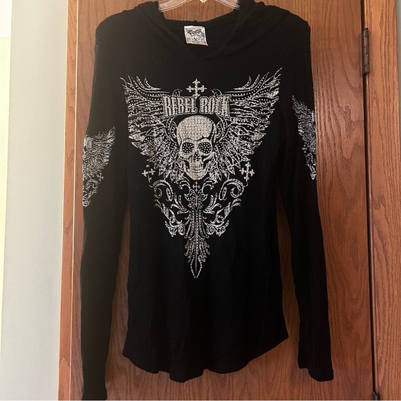 Vocal Tops - Vocal USA Long Sleeve Hoodie with Skull & Wings Design jeweled size large